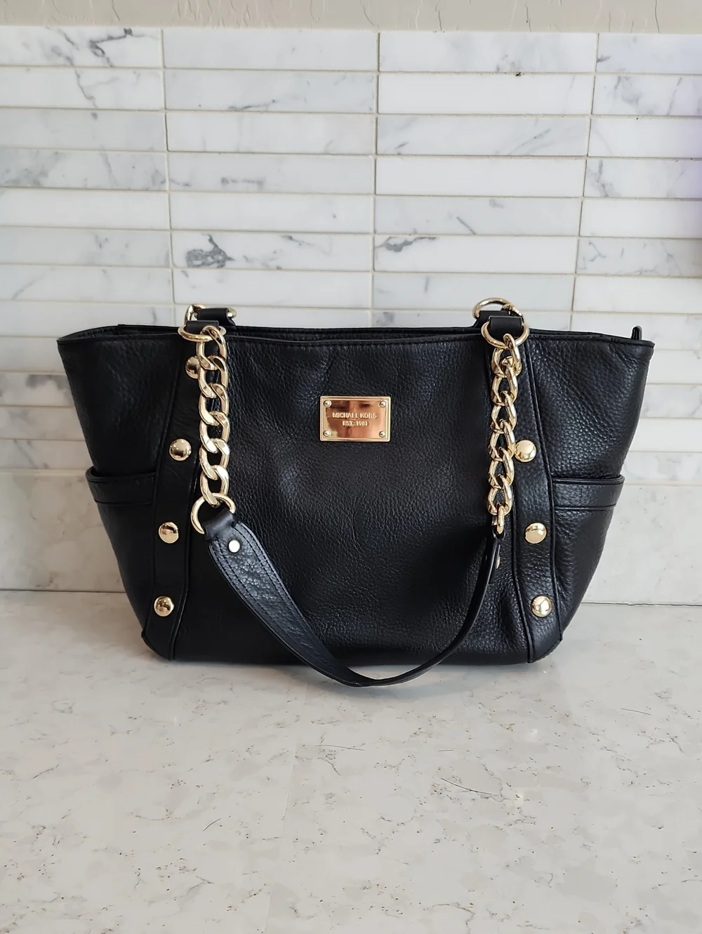 Michael Kors Black Pebbled Leather Chain-Handle Tote